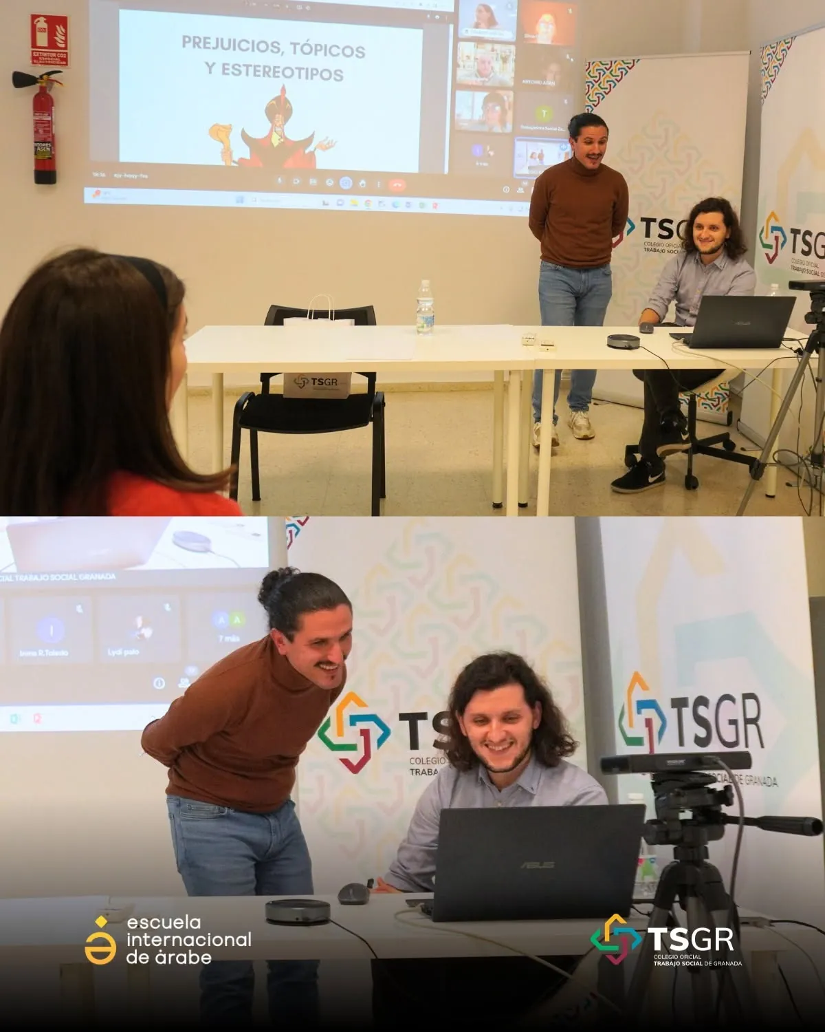 El equipo de la Escuela Internacional de Árabe dando una charla en el Colegio Oficial de Trabajo Social de Granada sobre prejuicios, tópicos y estereotipos